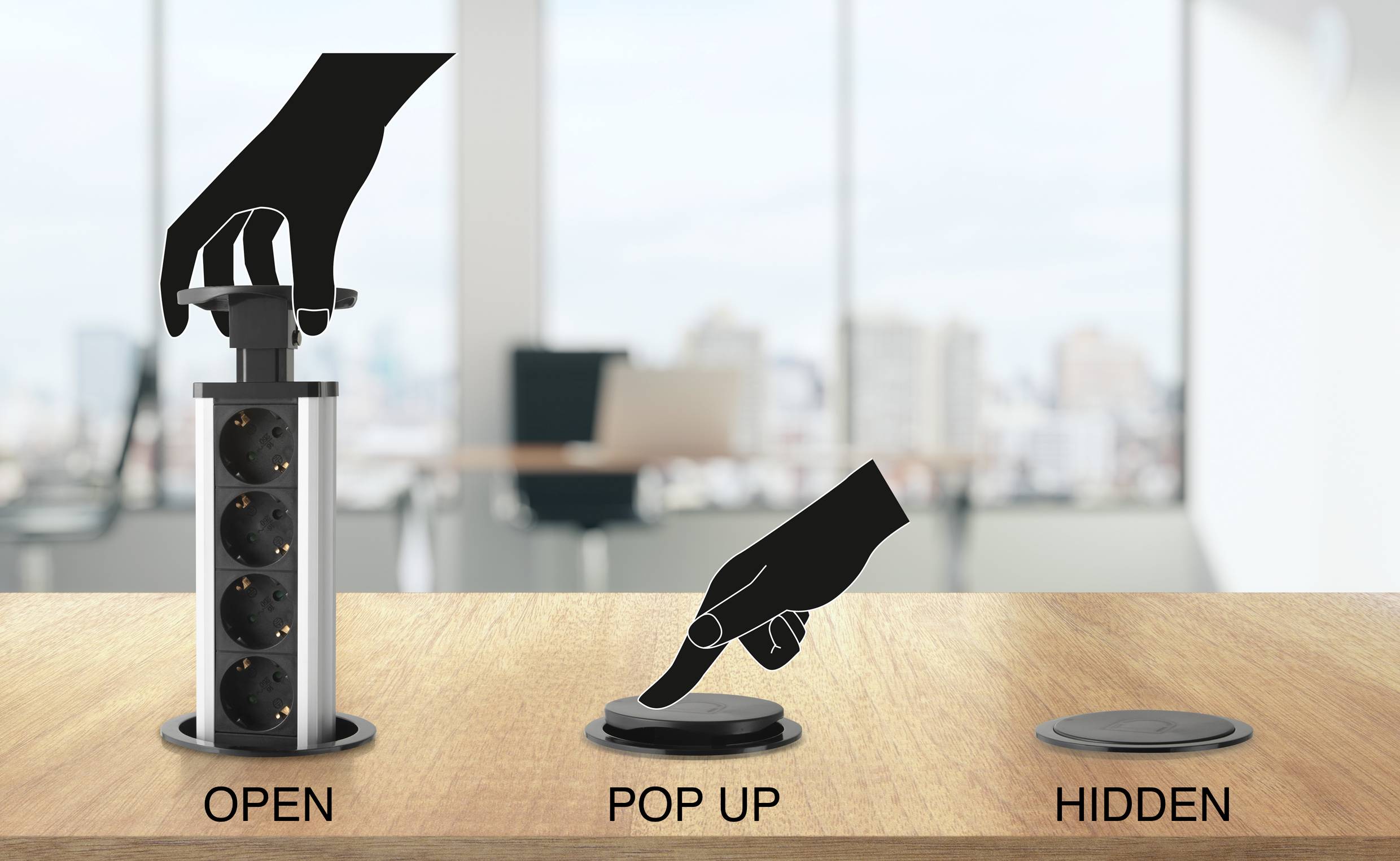 Socket in a table: The power strip can be extended ('Open') or concealed ('Hidden'), with a pop-up button.