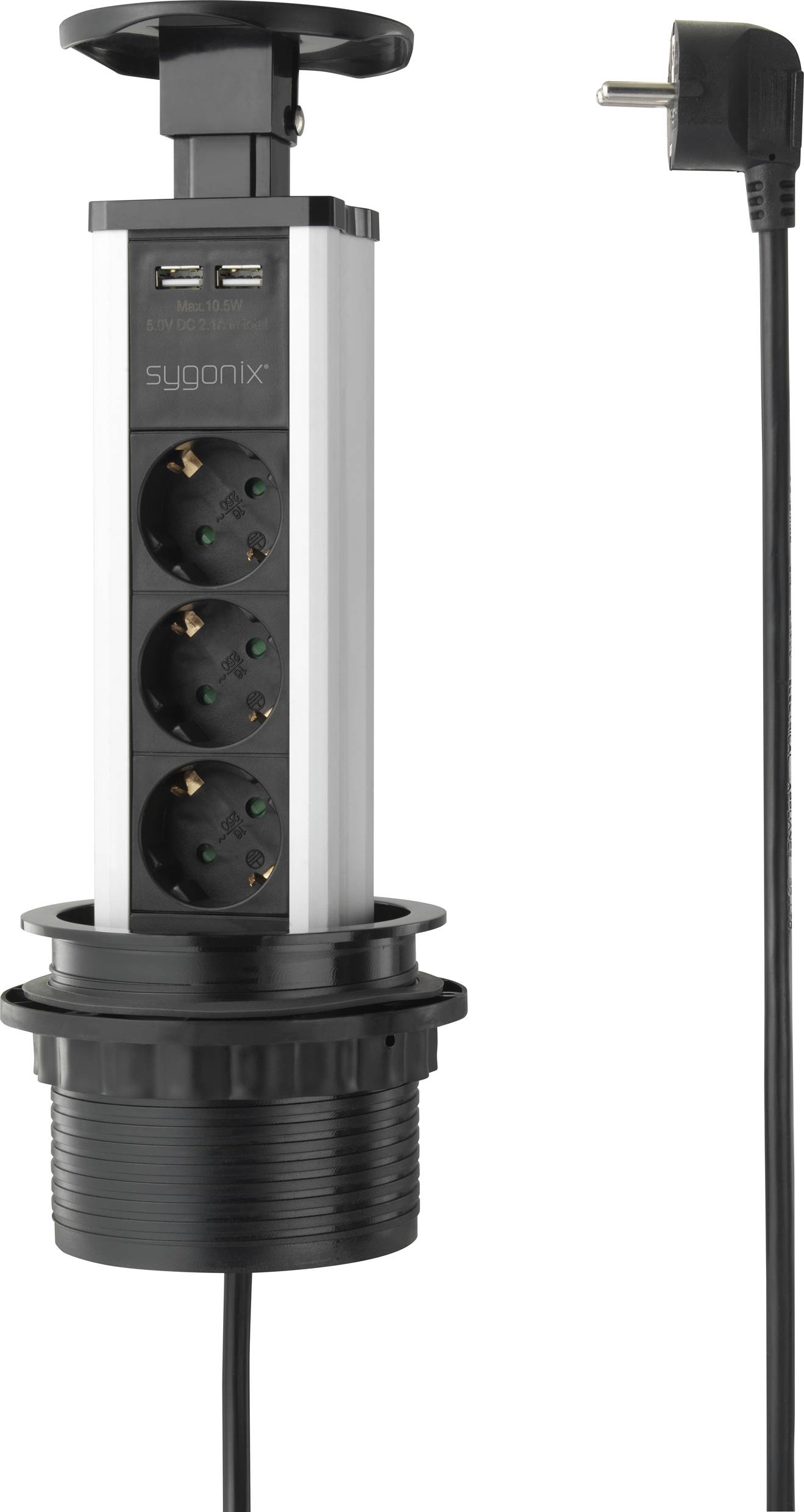 Retractable multi-socket extension with three power outlets, two USB ports, and a power cable, suitable for installation in worktops.