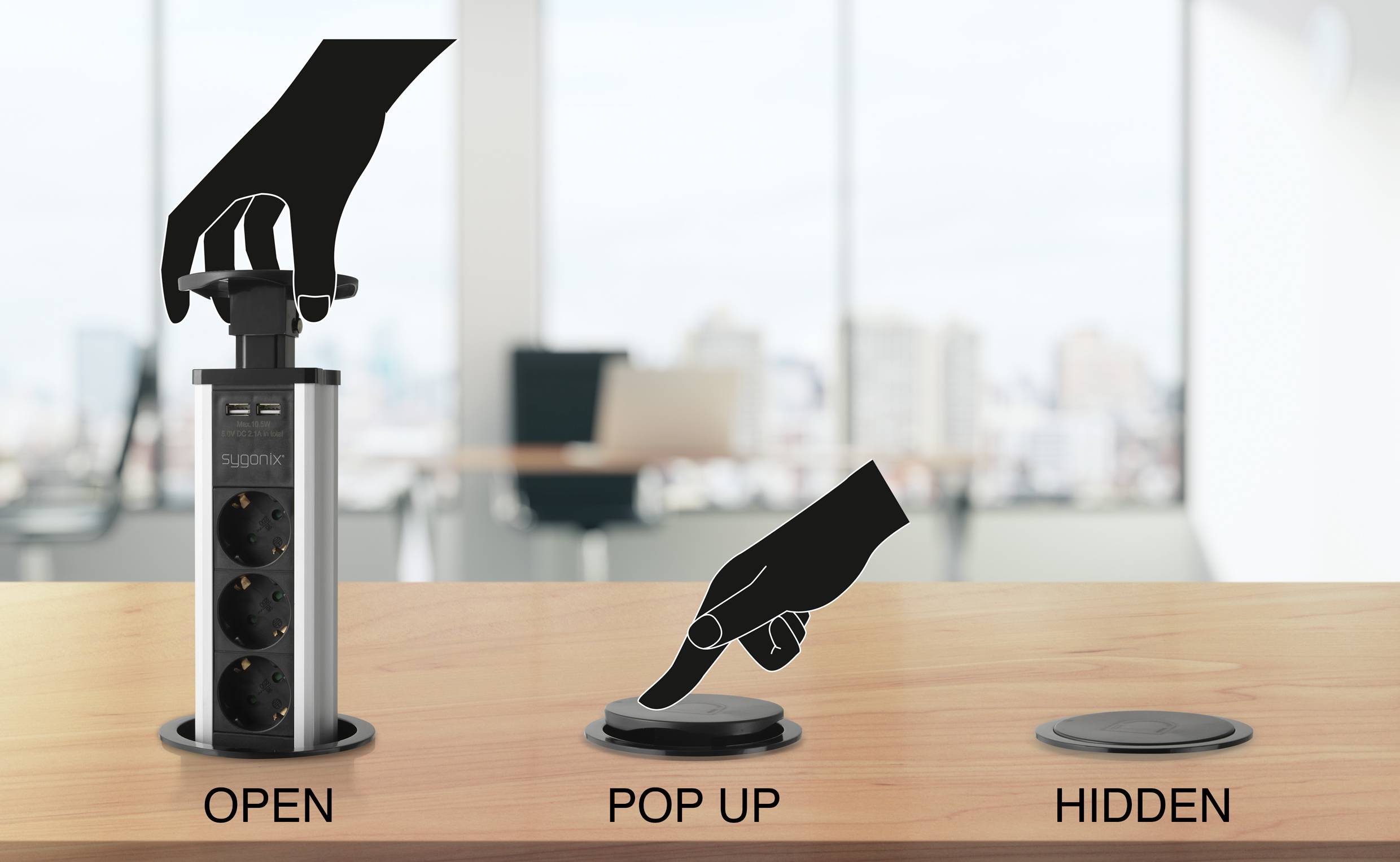 A power strip extends from a tabletop surface by pressing down and then retracts again. Steps: 'OPEN', 'POP UP', 'HIDDEN'.