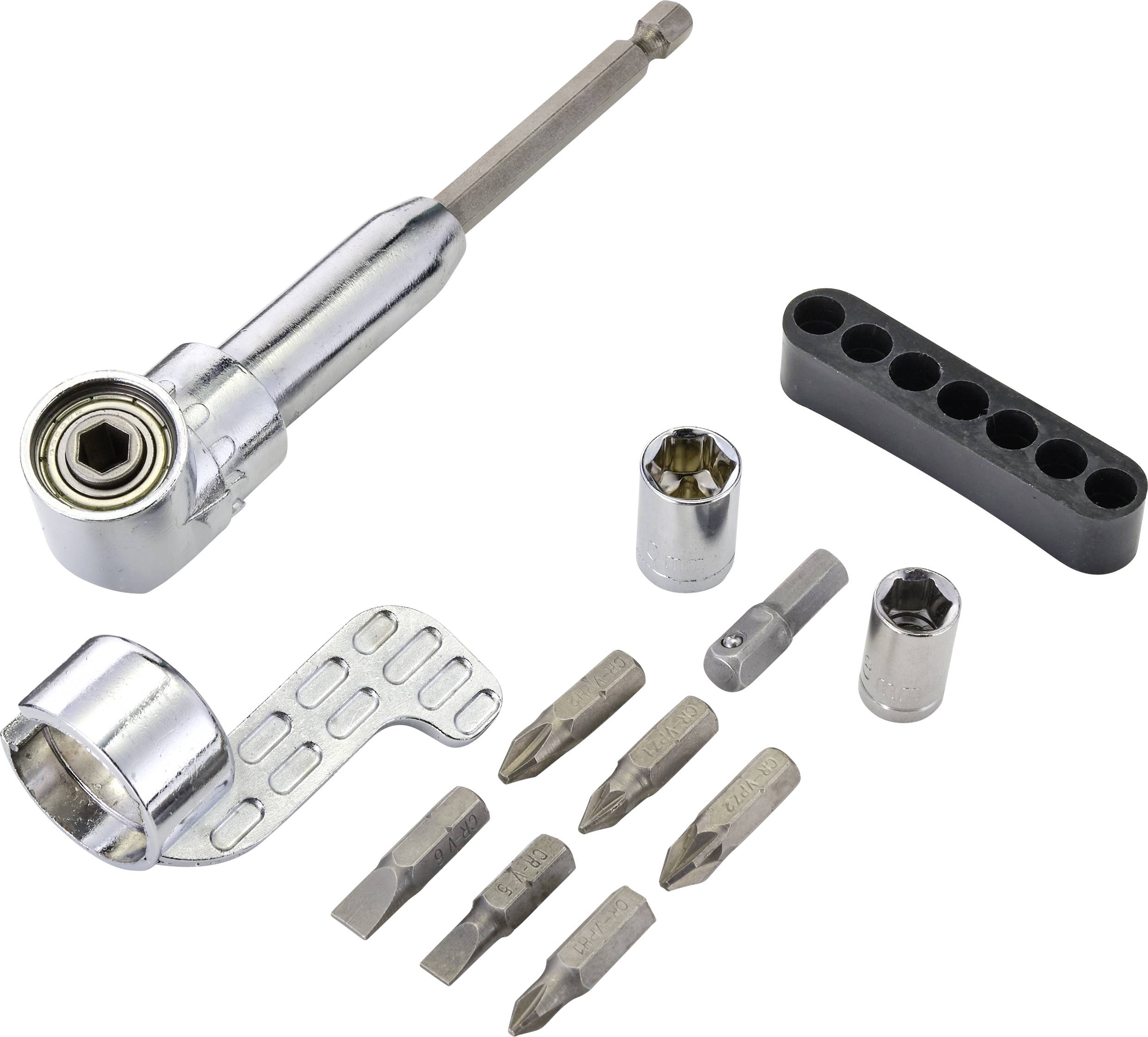 A socket wrench set with an angle adapter, various bits and sockets, arranged on a white background.