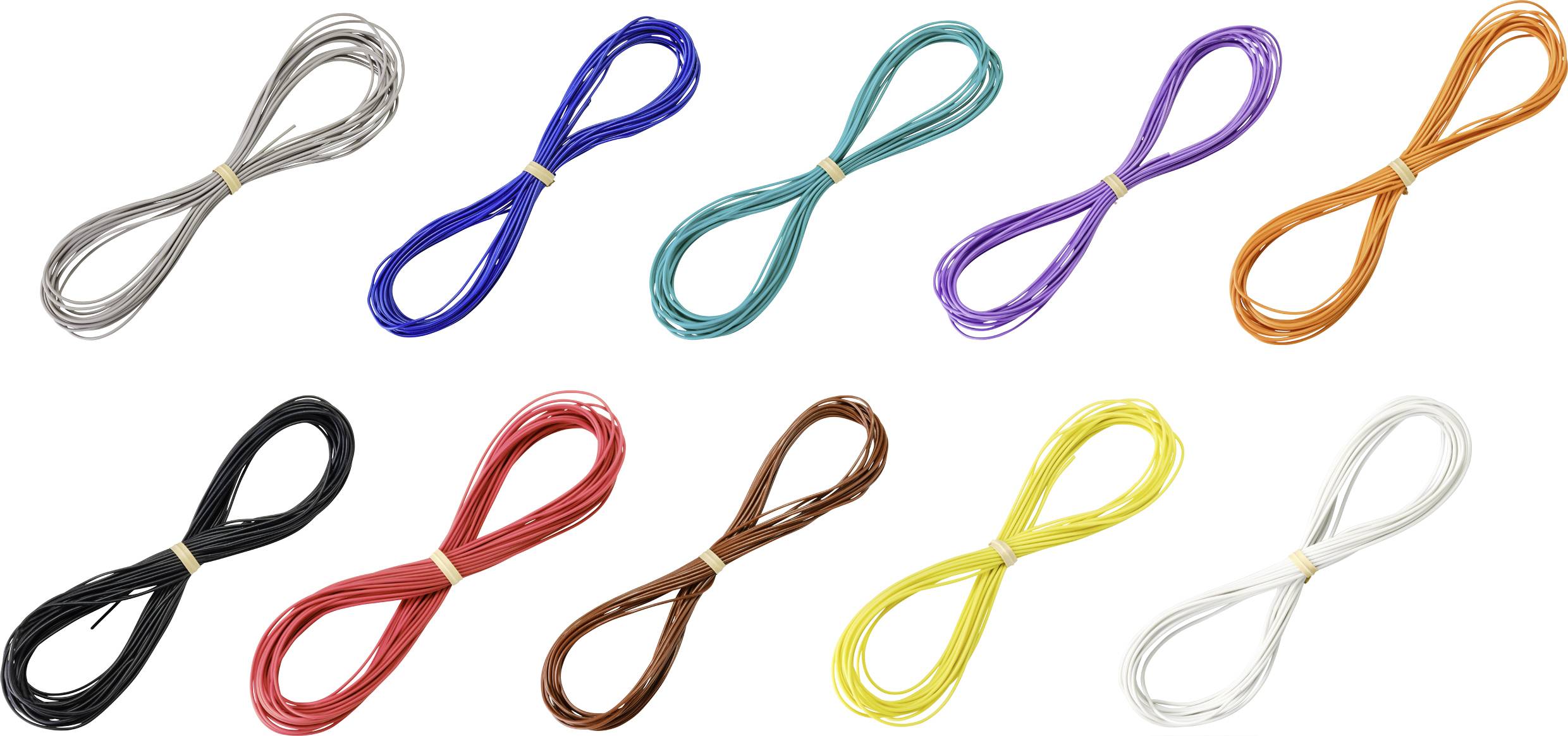 Ten cables in various colours (silver, black, red, blue, brown, green, yellow, purple, orange, white) bundled in a figure-of-eight configuration.