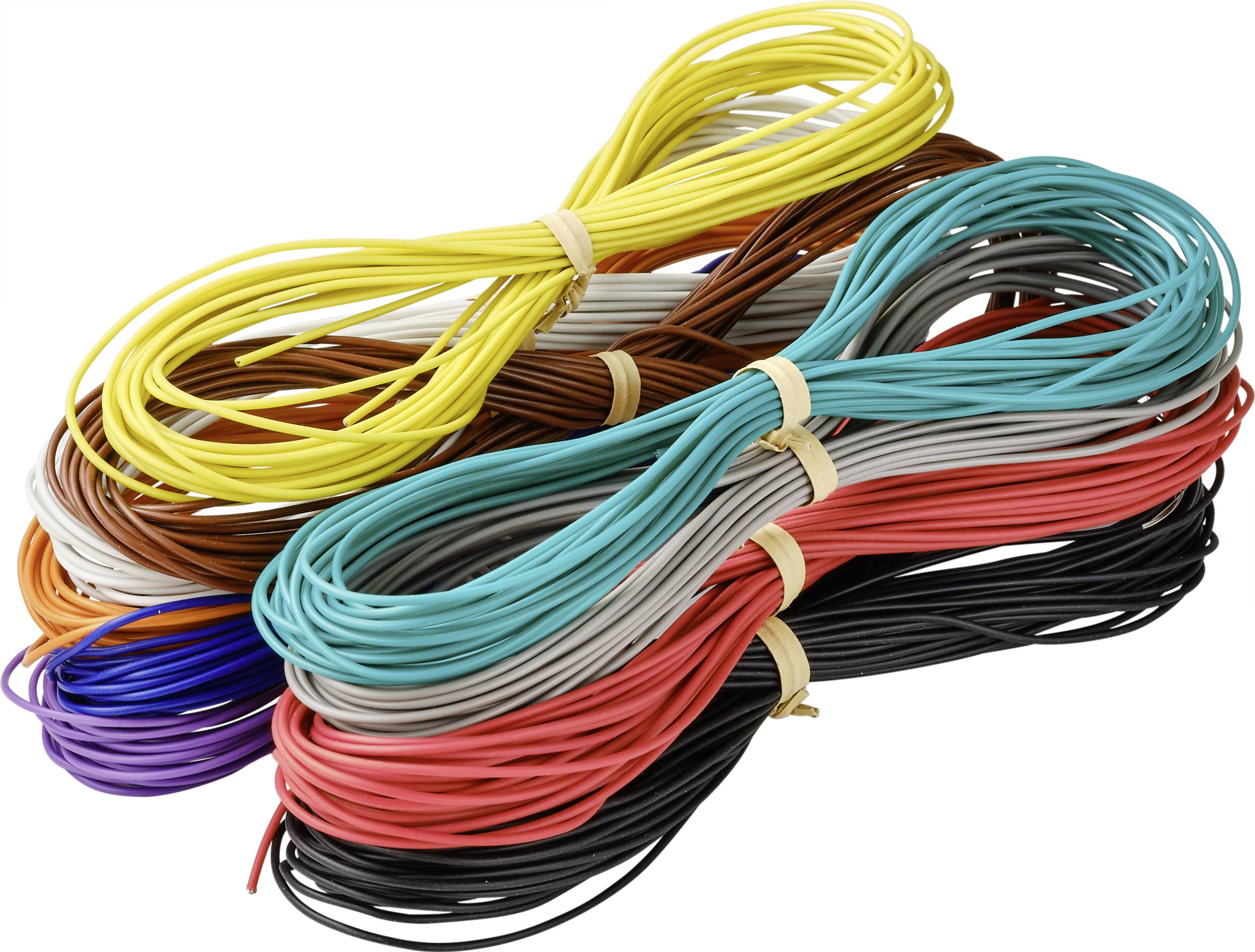 Various colourful plastic cable bundles in yellow, brown, blue, red, grey, black and white, stacked on top of each other.