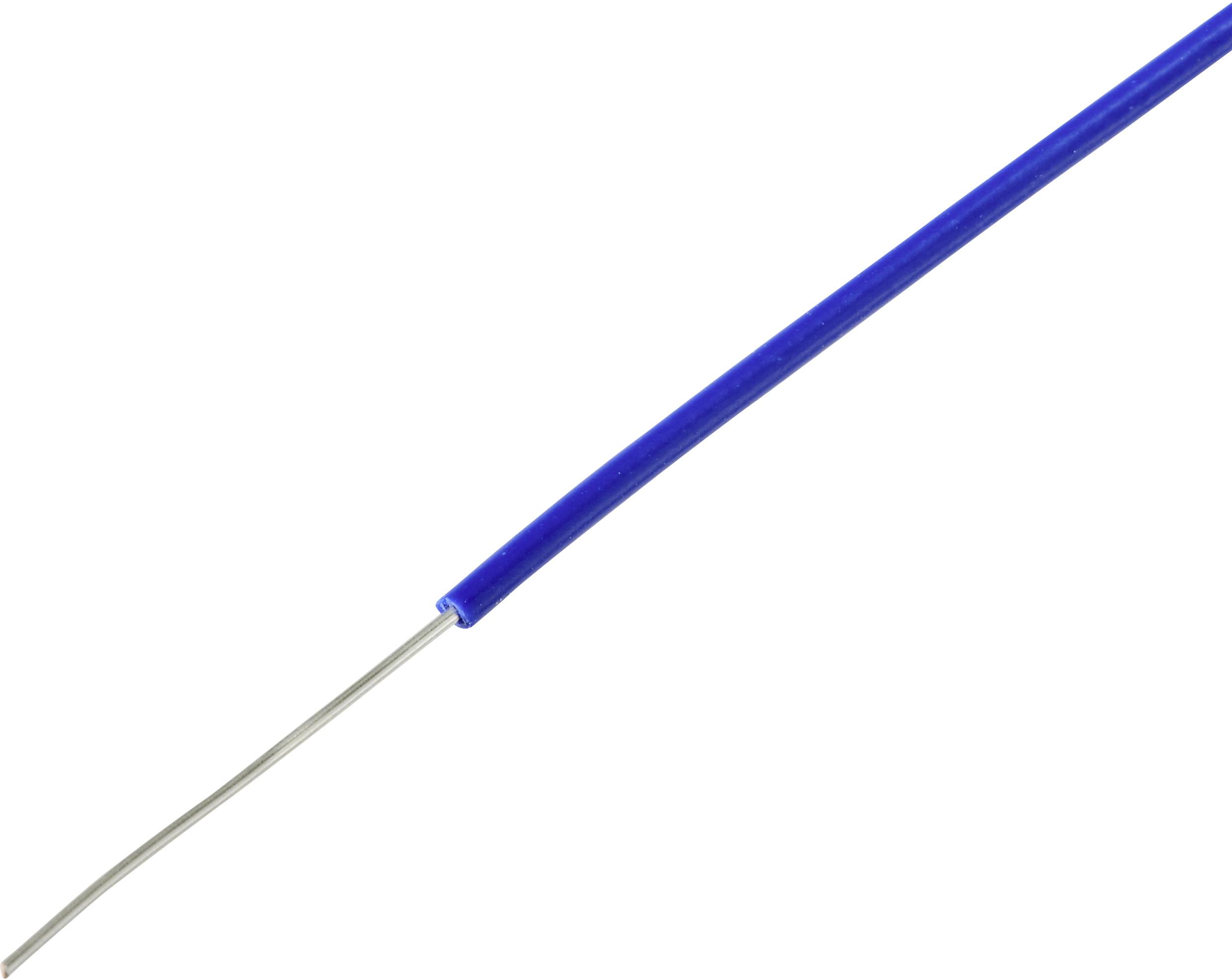 A thin, elongated cable with a blue plastic sheath and exposed silver wire at one end.