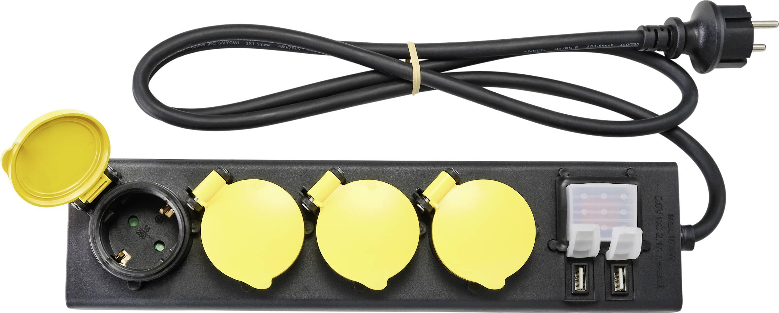 Four-way extension socket with four yellow sockets and two USB ports. A power cable is attached to it.