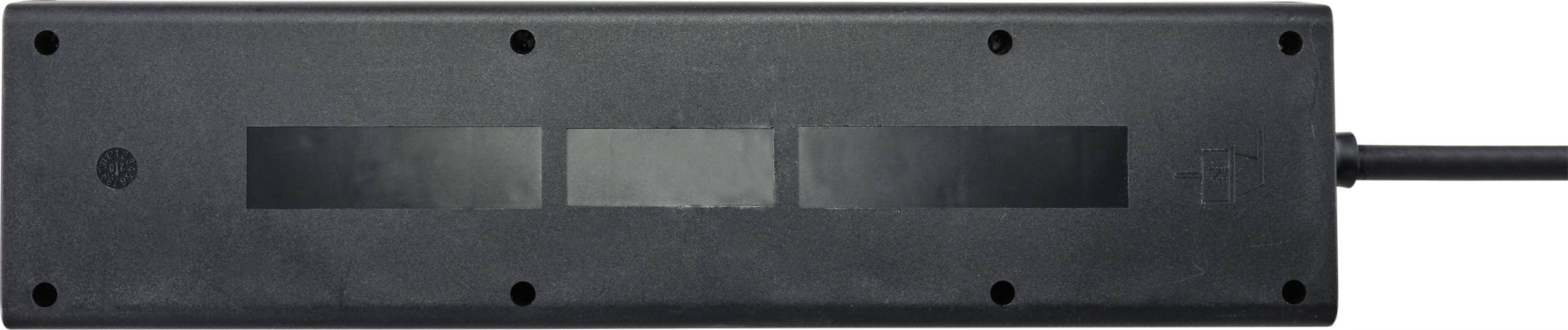 Black rectangular device with two diagonal slots in the centre, cable connected on the right.