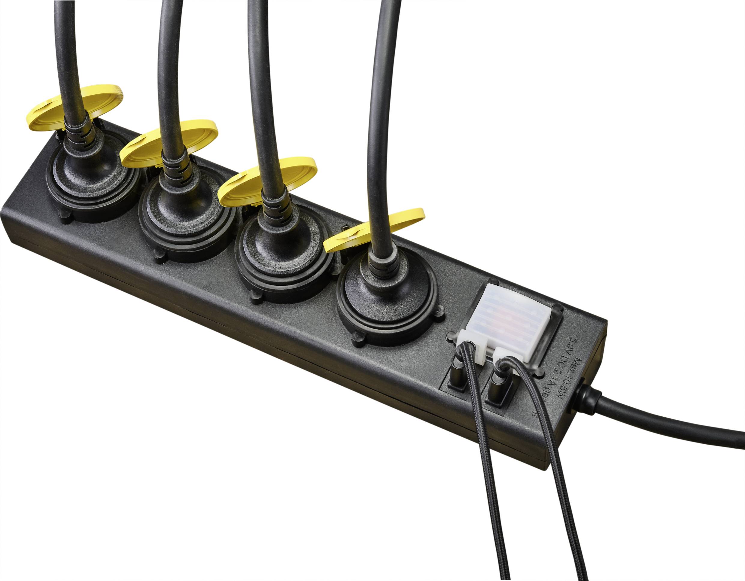 Black power strip with five yellow switches and two plugged-in cables.