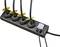 Black power strip with five yellow switches and two plugged-in cables.