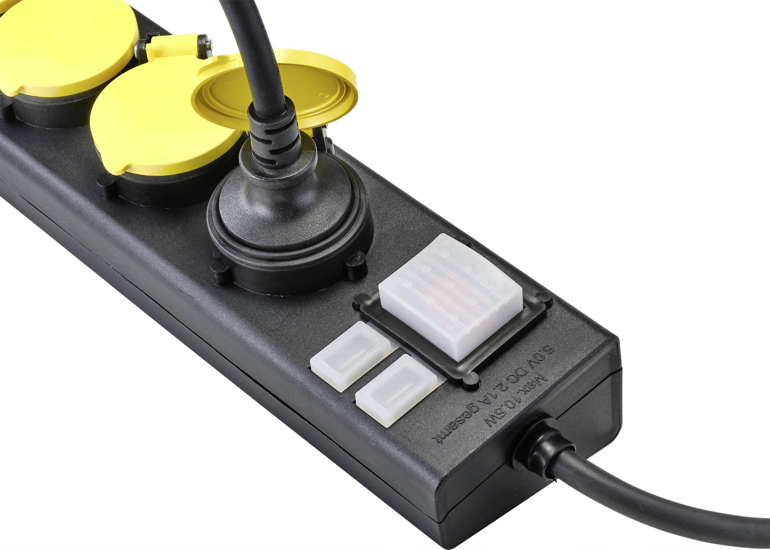 'Black power strip with three yellow protective covers, a plugged-in cable and two white switches.'