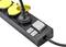'Black power strip with three yellow protective covers, a plugged-in cable and two white switches.'