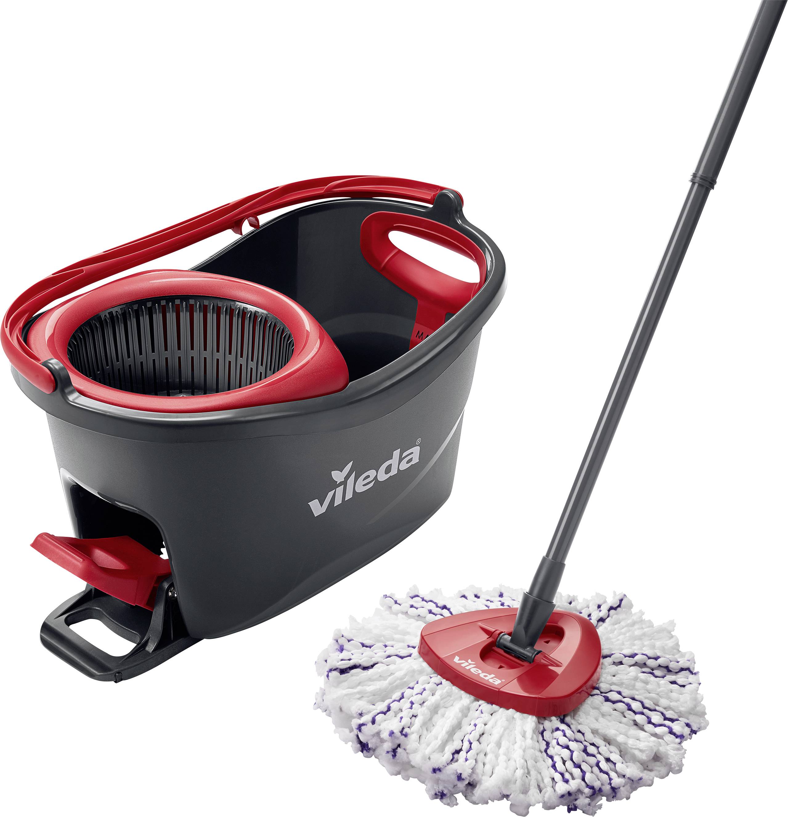 Black bucket with red wringer and handle mop with white head by Vileda, suitable for effectively cleaning floors.
