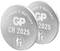 Two silver lithium button cells marked 'CR 2025' and 'LITHIUM BATTERY'. Graphic symbol: Child with warning indicator.