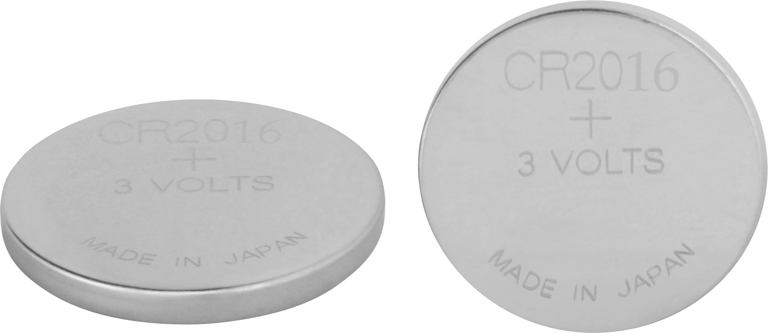 Two silver button cell batteries with the inscription 'CR2016', '3 VOLTS', 'MADE IN JAPAN'. One is lying flat, the other is standing upright.