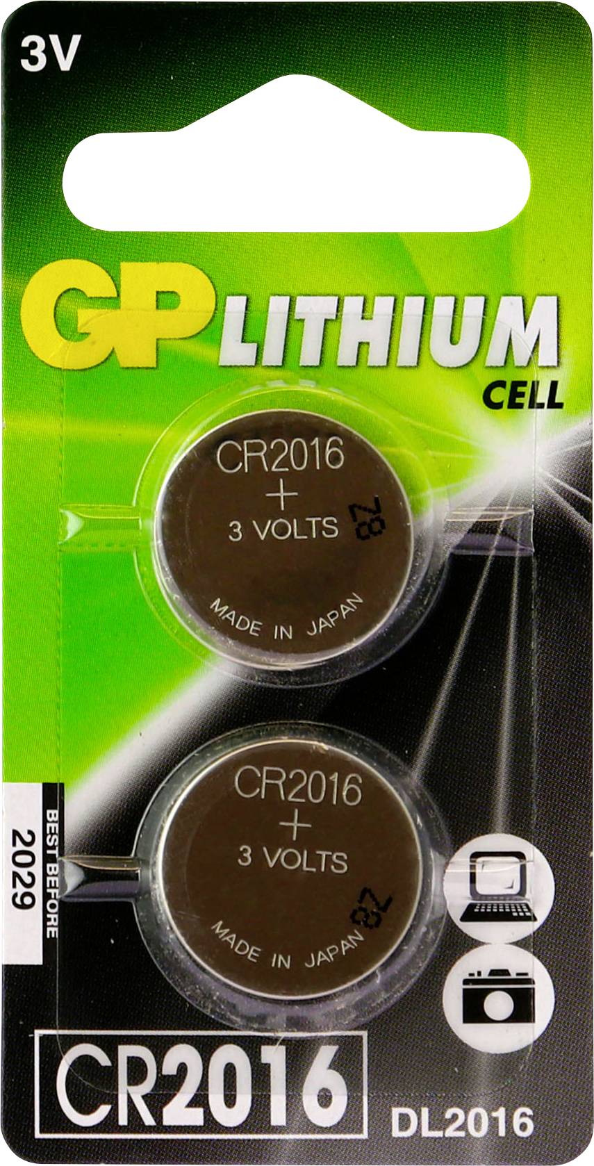 Two CR2016 lithium button cells on a blister pack with green design. Suitable for electronic devices and watches.