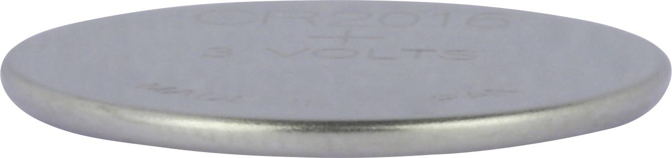 A silver button cell, marked with 'CR2016' and '3 VOLTS', shows the low height and shiny surface of the battery.