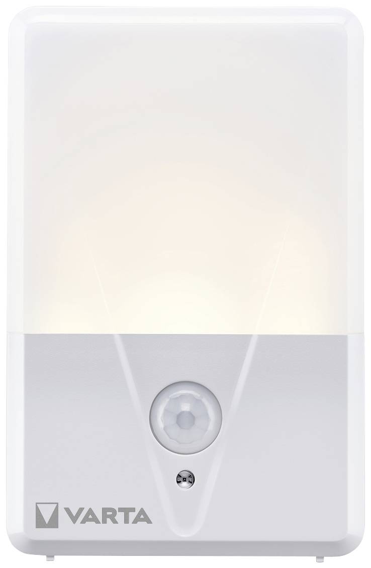 A white LED night light with motion sensor by Varta, gently illuminates for safety in dark rooms.