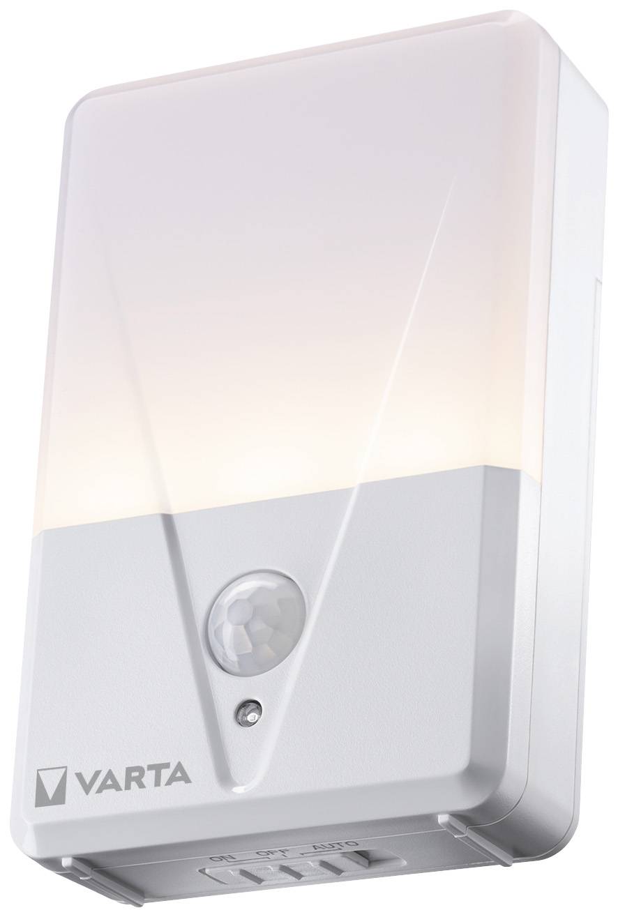 Wall light with motion sensor, rectangular and white, with slightly rounded corners. Brand name 'VARTA' visible in the bottom left.