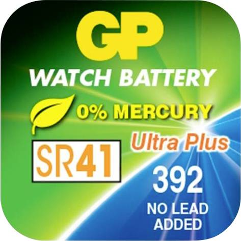 Battery pack with label 'WATCH BATTERY', 'SR41', '0% MERCURY', 'Ultra Plus', 'NO LEAD ADDED'. Colour: Green and Blue.