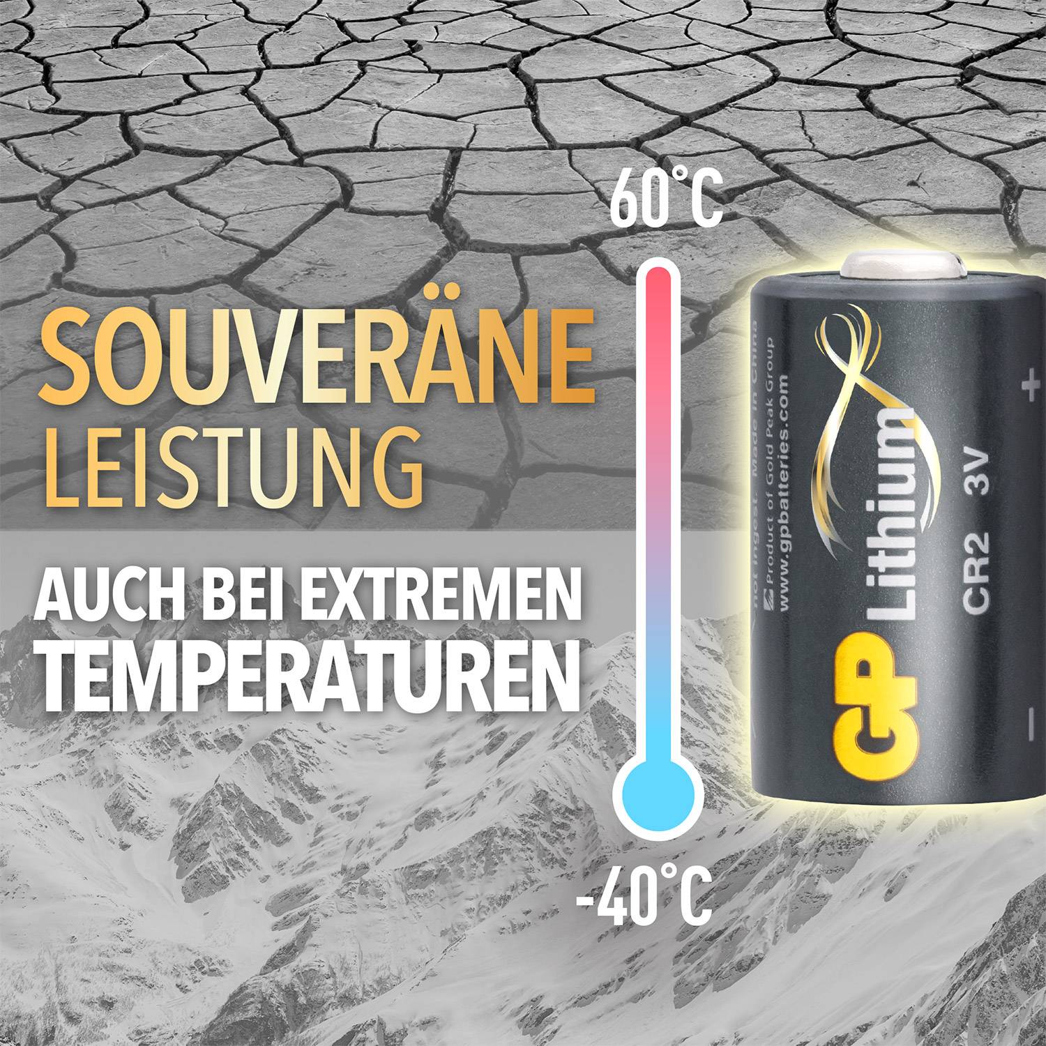 Lithium battery next to text 'Sovereign performance even at extreme temperatures -40°C to 60°C' on dry, cracked ground.