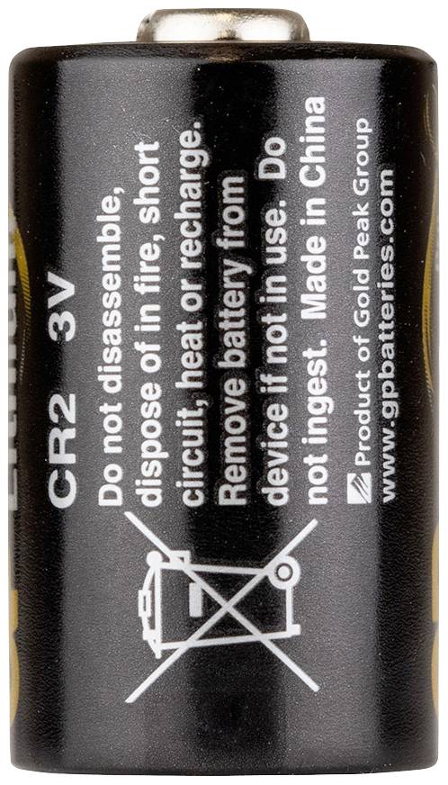 CR2 3V Battery with warning: 'Do not dismantle, throw into fire or recharge. Store outside of device.'