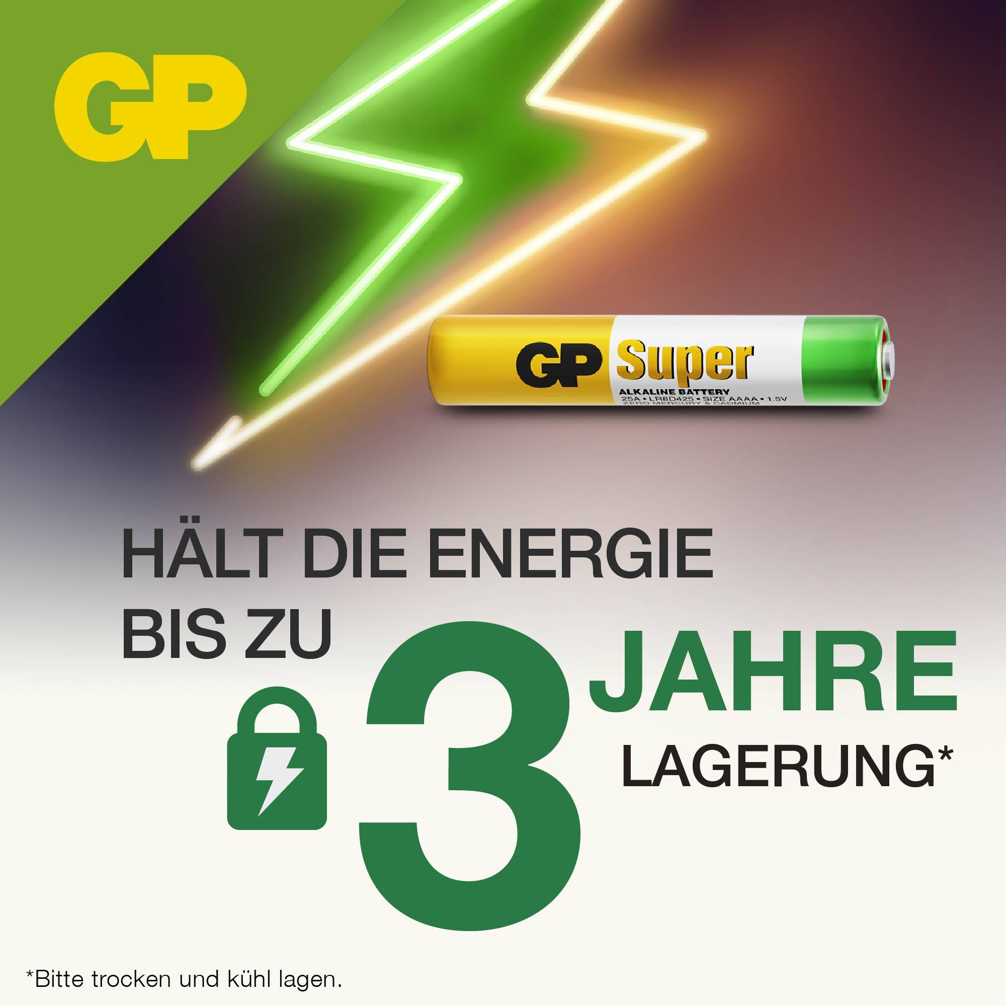 Green lightning bolt symbol and yellow battery next to text 'Retains energy for up to 3 years of storage*'. Includes brand logo.