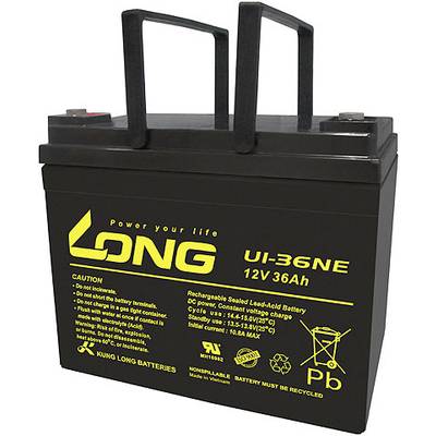 Black 12V 36Ah Lead-Acid Battery with yellow print, two handles and warning labels. Brand 'LONG', Model 'UI-36NE'.