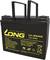 Black 12V 36Ah Lead-Acid Battery with yellow print, two handles and warning labels. Brand 'LONG', Model 'UI-36NE'.
