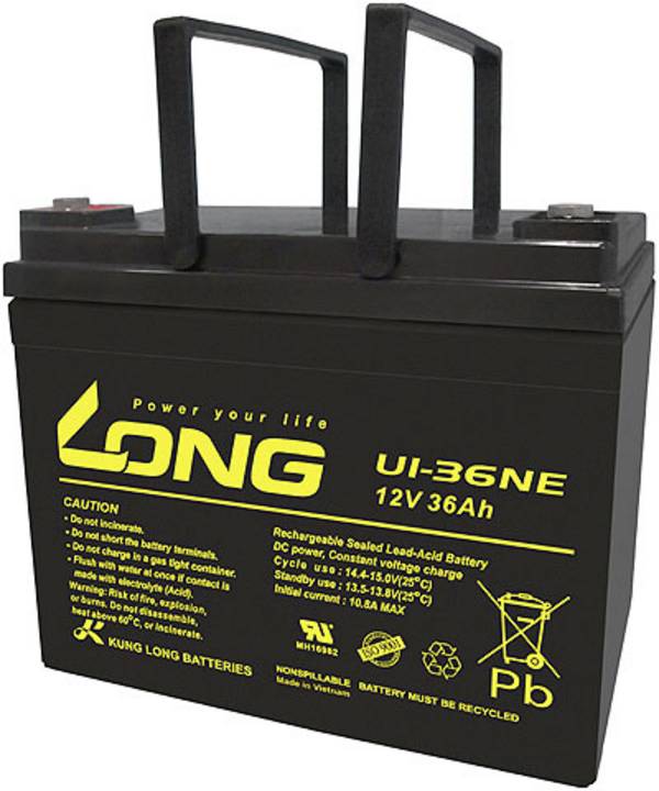 Long U1-36NE U1-36NE VRLA 12 V 36 Ah AGM (W x H x D) 196 x 169 x 130 mm M6 connector High number of charge cycles, Low self-discharge levels, Maintenance-free