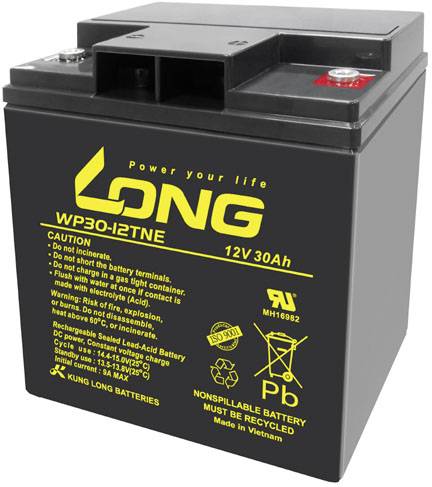 A black battery by the brand 'Long', Model WP30-12TNE, 12V, 30Ah. Warning labels on the side: Do not burn or disassemble.