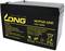 A black 12V 12Ah lead-acid battery with yellow 'LONG' printing. Contains safety precautions and recycling symbols.