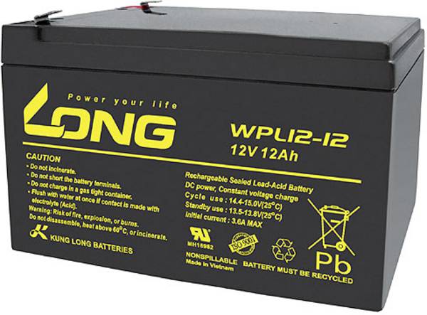 Long WPL12-12 WPL12-12 VRLA 12 V 12 Ah AGM (W x H x D) 151 x 93 x 98 mm 6.35 mm blade terminal Low self-discharge levels, Maintenance-free