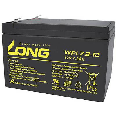 'WPL7.2-12, 12V 7.2Ah' Lead-acid battery by Long. Precautions: Do not burn, do not charge or disassemble. Manufacturer: Kung Long Batteries.