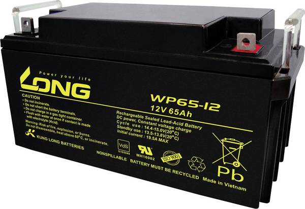 Long WP65-12 WP65-12 VRLA 12 V 65 Ah AGM (W x H x D) 350 x 174 x 166 mm M6 connector VDS certificate, Low self-discharge levels, Maintenance-free