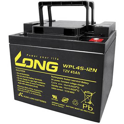 Black car battery by the brand 'LONG' with yellow warning notices and technical specifications. Model: WPL45-12N, 12V, 45Ah.