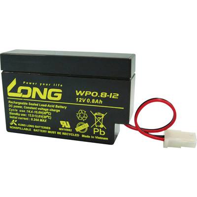 A rechargeable lead-acid battery with the label 'LONG WPO 8-12 12V 0.8Ah', red cables, suitable for various devices.