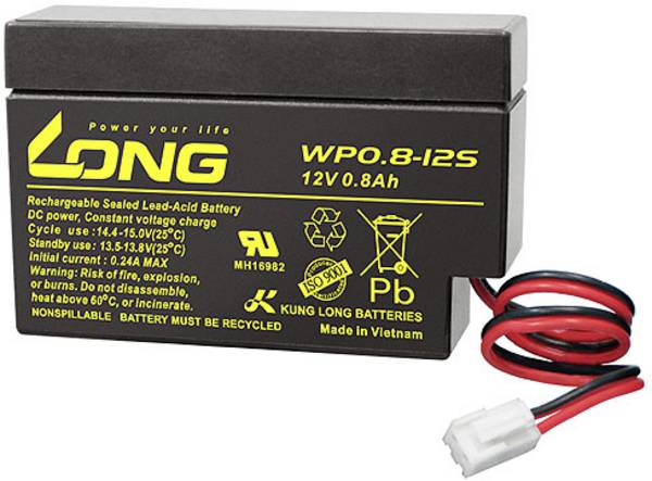 Long WP0.8-12S WP0.8-12S VRLA 12 V 0.8 Ah AGM (W x H x D) 96 x 62 x 25 mm JST connector Low self-discharge levels, Maintenance-free