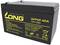'Long' Marken-12V 12Ah Lead-Acid Battery with yellow text. Warning notices and recycling symbols on the side.