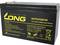 A black lead-acid battery with a yellow 'LONG' label, specifications: 12V 9Ah, with safety and disposal instructions.