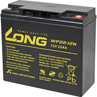 'WP22-12N' 12V 22Ah Battery. Black, sealed lead-acid battery with yellow lettering. Warning notices and recycling symbol.