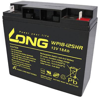Black, rectangular car battery by the brand 'LONG'. Inscription: 'WP18-12SHR, 12V 18Ah'. Contains warning notices and recycling symbols.
