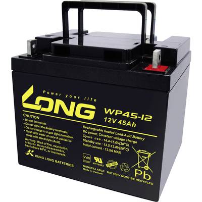 Black, rechargeable 12V 45Ah lead-acid battery by LONG with handles. Warning and usage instructions on the front.