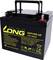 Black, rechargeable 12V 45Ah lead-acid battery by LONG with handles. Warning and usage instructions on the front.