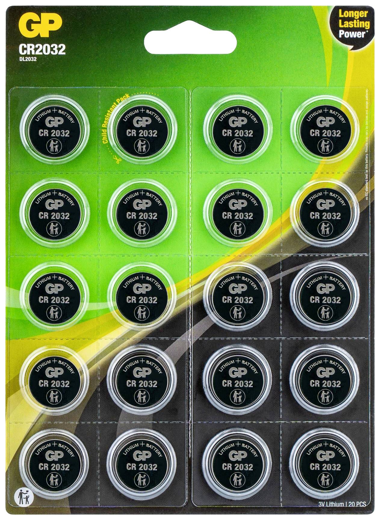 Packaging of a GP CR3032 lithium button cell, 3V, with note 'Longer Lasting Power'.