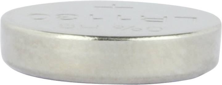 Silver button cell battery viewed from the side, with a plus sign embossed on the top surface.