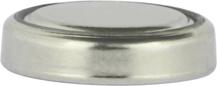 A silver button cell battery in close-up, round and flat, on a white background.