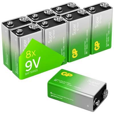 Eight 9V batteries in green packaging and a single 9V battery from GP Super Cell Tech.