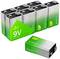 Eight 9V batteries by GP are lined up side by side. One battery is shown separately, highlighting the 'Super Alkaline' brand.
