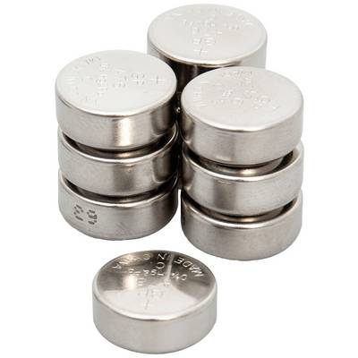 Several silver button cell batteries of the GP LR44 1.5V type are displayed in a staggered arrangement on a white background.