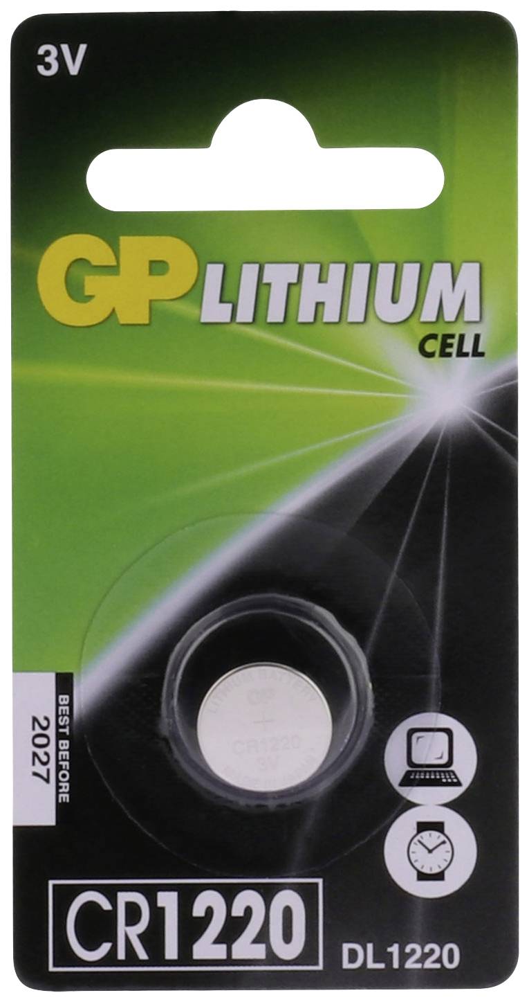 Battery pack with the inscription 'GP Lithium Cell CR1220, 3V'. Suitable for electronic devices. Expiry date: 2027.