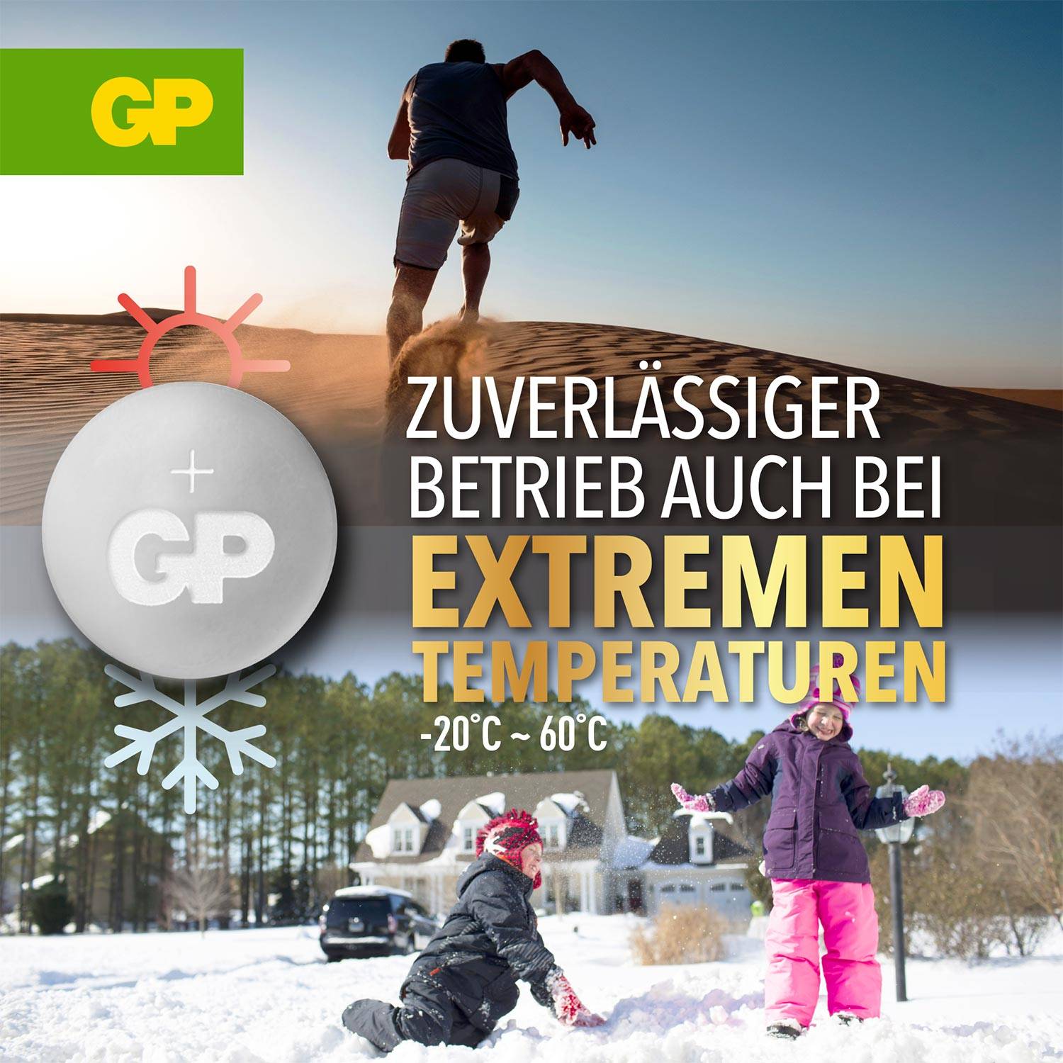 A person is walking on a sand dune in the heat. Text: 'Reliable operation even at extreme temperatures -20°C - 60°C'. Children are playing in the snow.