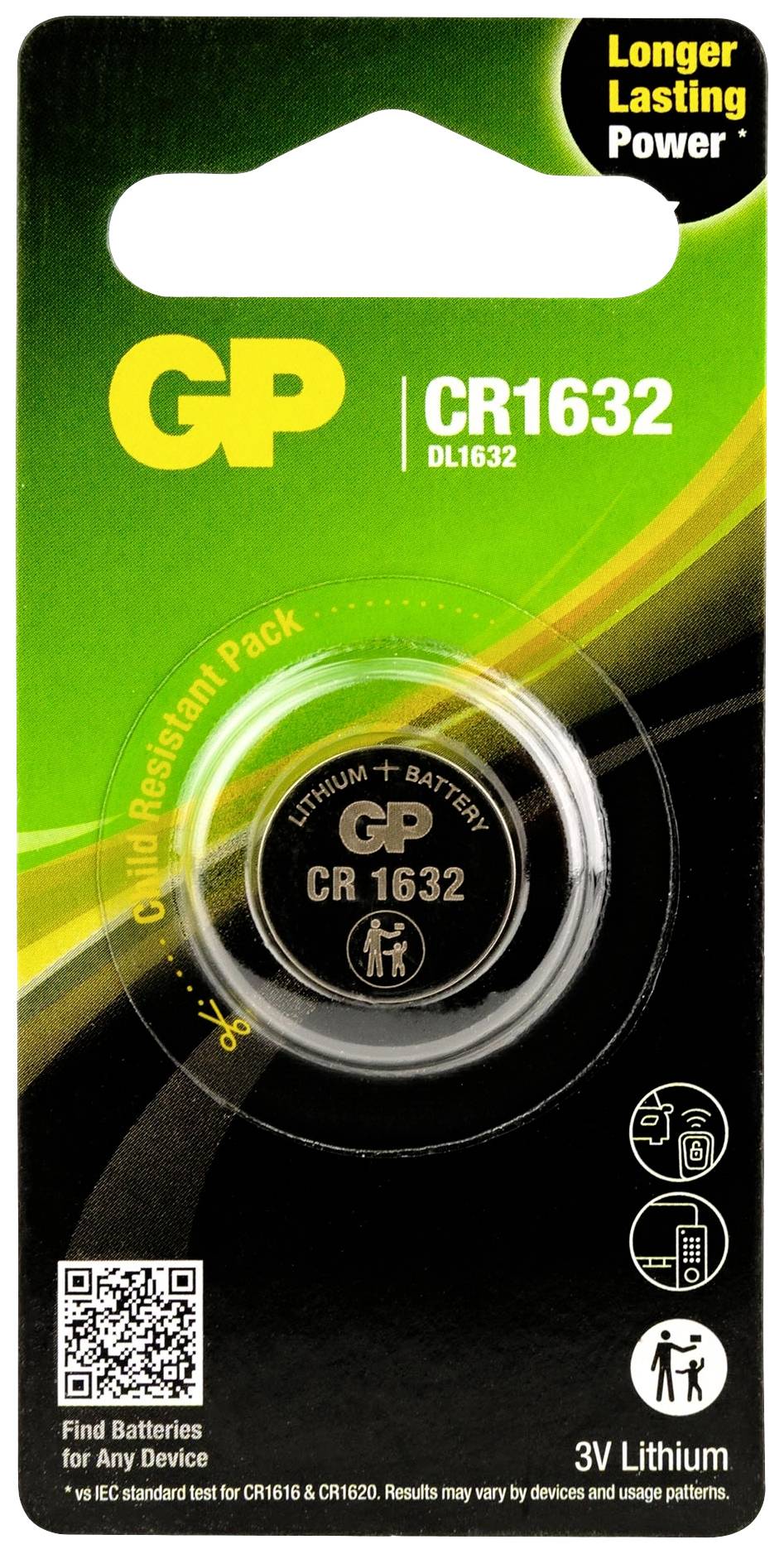 'CR1632 Lithium Battery, 3V, GP Brand, suitable for all devices. Packaging highlights longer battery life. QR code located bottom left.'